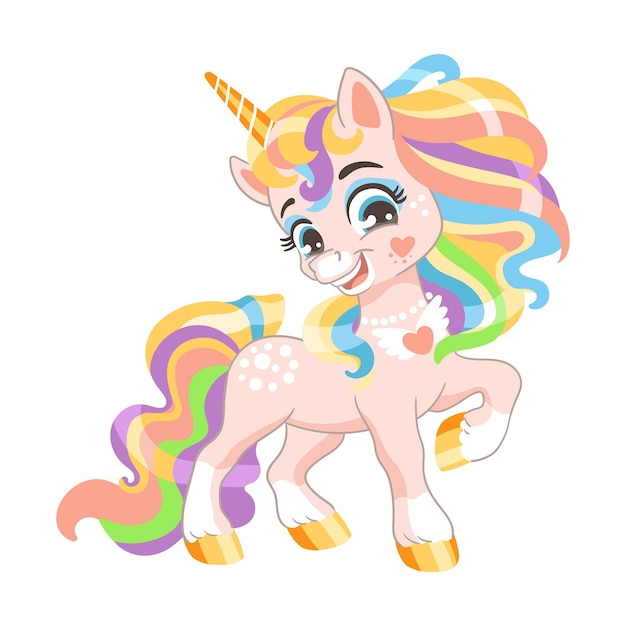 Lindo personaje de dibujos animados feliz unicornio rosa con melena arcoiris y cola Ilustración vectorial aislada en un fondo blanco Unicornio mágico para diseño de impresión cartel pegatina tarjeta decoración de ropa para niños