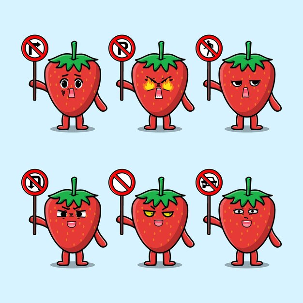 Lindo personaje de dibujos animados de fresa con señal de tráfico en un diseño moderno de estilo plano