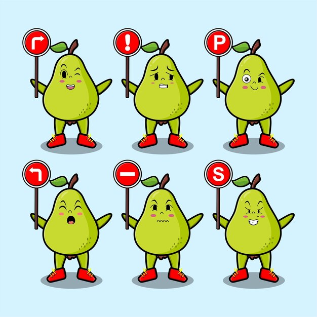 Lindo personaje de dibujos animados de fruta de pera con señal de tráfico en un diseño moderno de estilo 3d