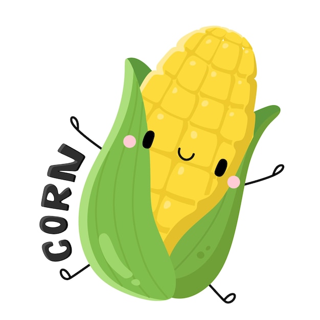 Vector lindo personaje de dibujos animados de frutas y verduras maíz