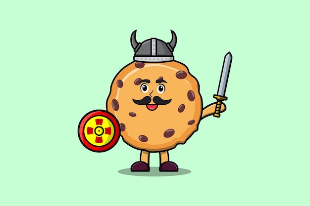 Lindo personaje de dibujos animados galletas pirata vikingo con sombrero y sosteniendo espada y escudo ilustración