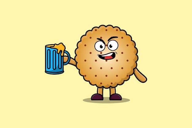 Lindo personaje de dibujos animados de galletas con vaso de cerveza