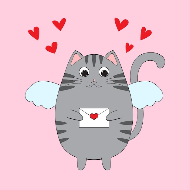 Lindo personaje de dibujos animados gato con alas sosteniendo un sobre en sus patas Diseño de tarjeta o etiqueta de San Valentín Ilustración vectorial