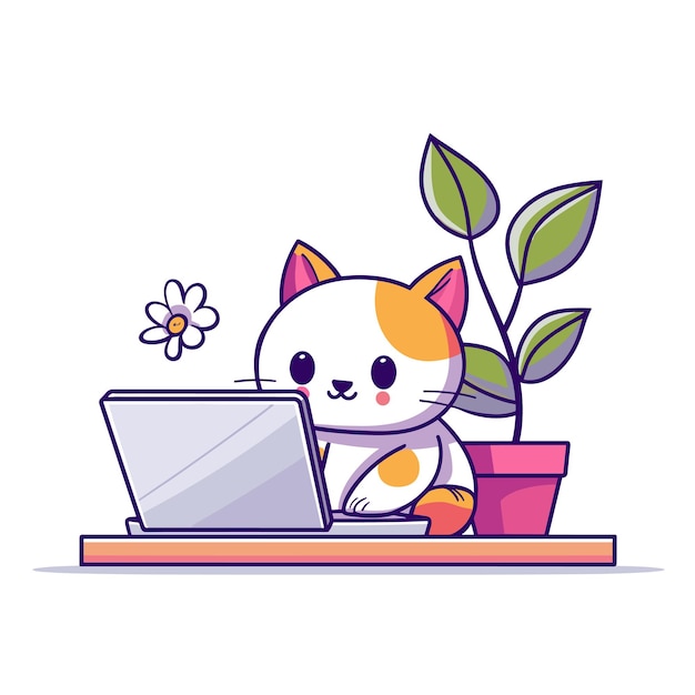 El lindo personaje de dibujos animados de gato calico usando un portátil de diseño colorido Computadora de gatito animado