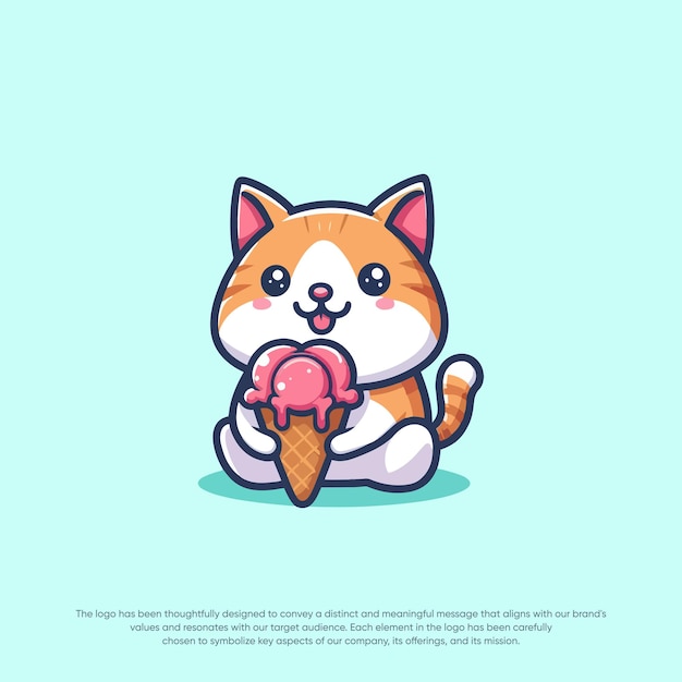 El lindo personaje de dibujos animados gato comiendo helado logotipo vector logotipo