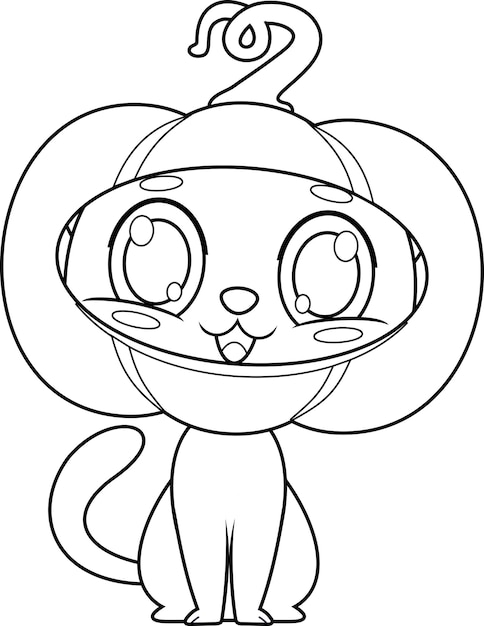 Un lindo personaje de dibujos animados de gato con una máscara de calabaza de Halloween