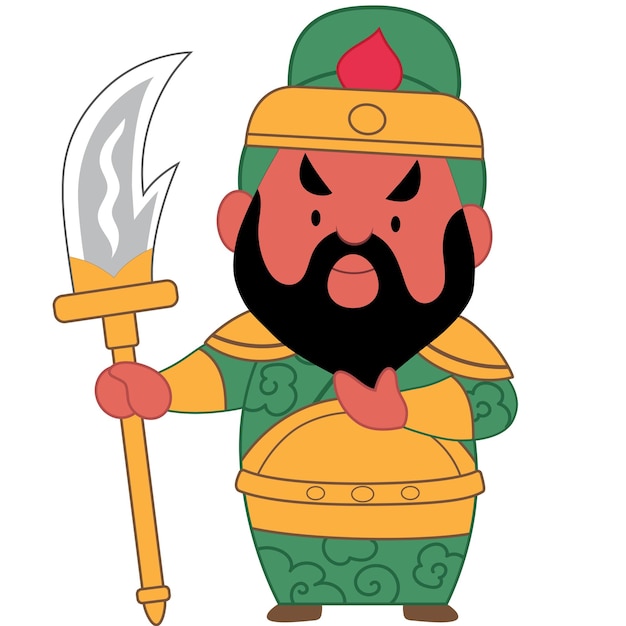 Lindo personaje de dibujos animados de Guan Yu (Lord Guan). ilustración vectorial