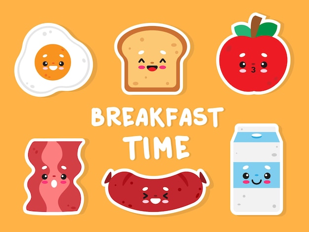 Lindo personaje de dibujos animados de la hora del desayuno de la etiqueta engomada de la comida kawaii