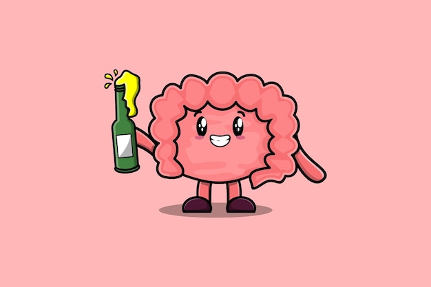 Lindo personaje de dibujos animados Intestino con botella de refresco en ilustración plana de diseño de estilo lindo moderno