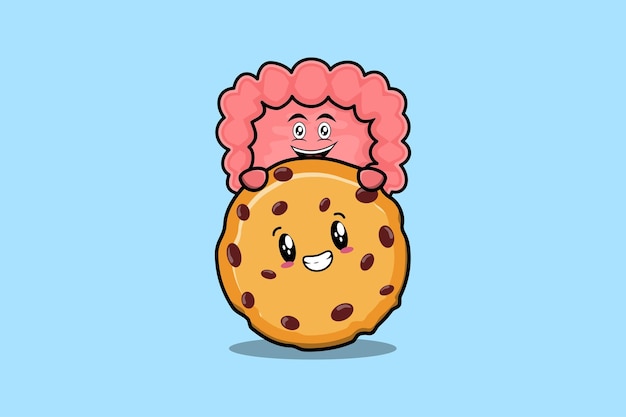 Lindo personaje de dibujos animados del intestino escondido en la ilustración de galletas en un diseño plano y moderno