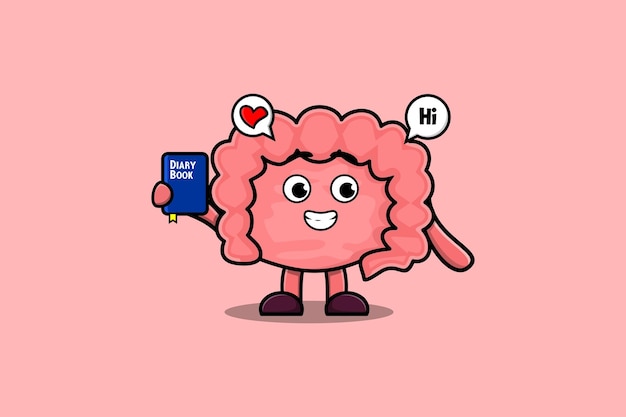 Lindo personaje de dibujos animados Intestino con ilustración de libro de diario con expresión feliz