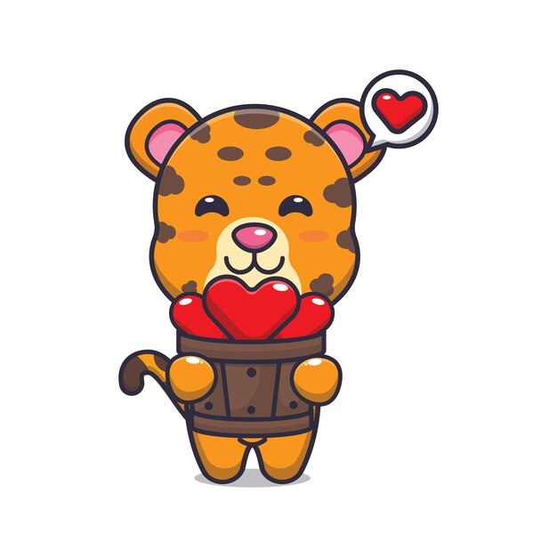 lindo personaje de dibujos animados de leopardo sosteniendo amor en un cubo de madera