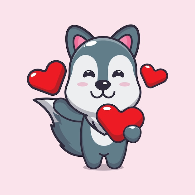 lindo personaje de dibujos animados de lobo con corazón de amor en el día de san valentín