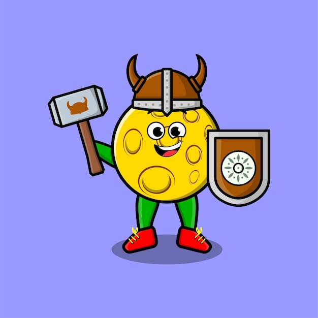 Lindo personaje de dibujos animados luna pirata vikingo con sombrero y martillo y escudo