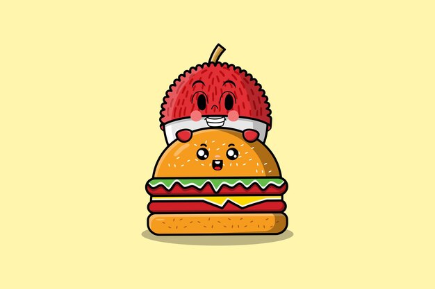 Lindo personaje de dibujos animados de Lychee escondido en hamburguesa