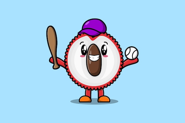 Lindo personaje de dibujos animados Lychee jugando béisbol en un diseño de estilo moderno