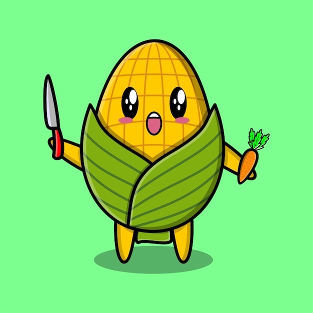 Lindo personaje de dibujos animados de maíz con cuchillo y zanahoria en un diseño de estilo moderno