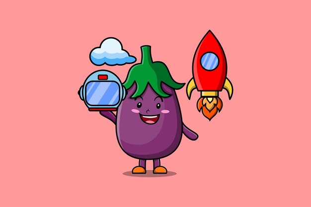Lindo personaje de dibujos animados de mascota Berenjena como astronauta con cohete, timón y nube en estilo lindo