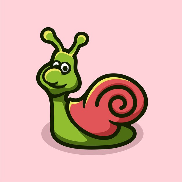 Lindo personaje de dibujos animados mascota caracol, estilo de diseño plano