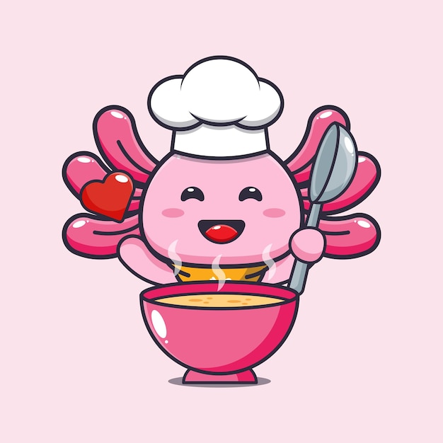 lindo personaje de dibujos animados de la mascota del chef axolotl con sopa