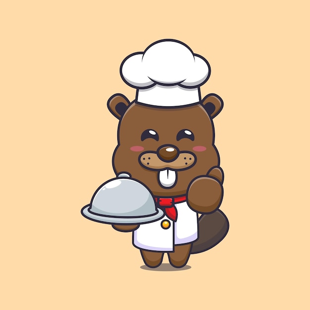 lindo personaje de dibujos animados de la mascota del chef castor con plato