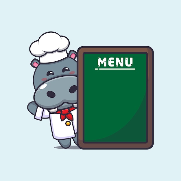 lindo personaje de dibujos animados de la mascota del chef hipopótamo con tablero de menú