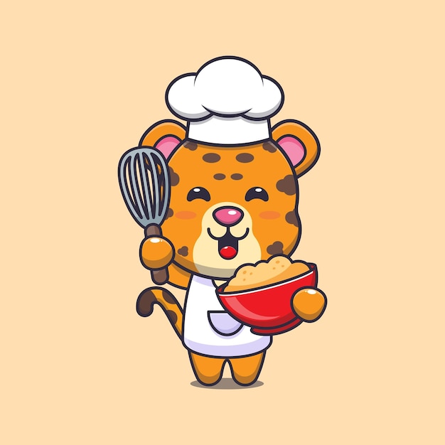 Vector lindo personaje de dibujos animados de la mascota del chef leopardo con masa de pastel