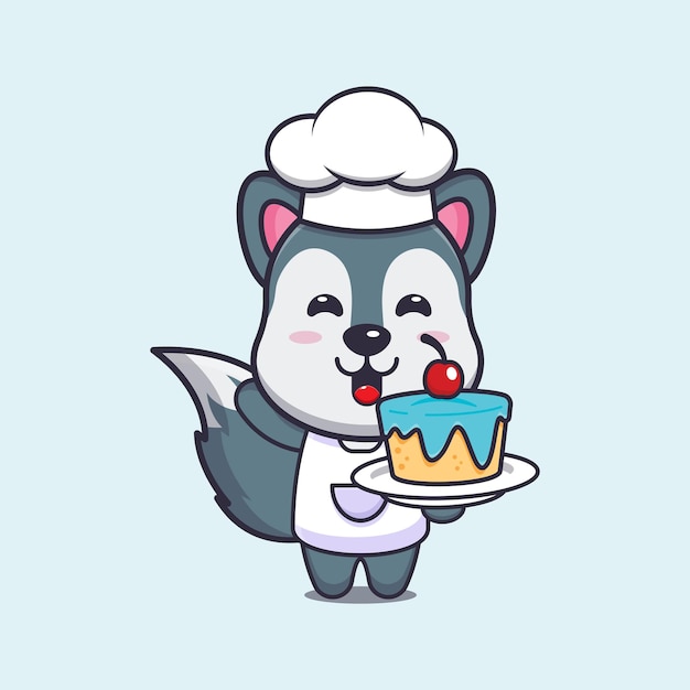 Lindo personaje de dibujos animados de la mascota del chef lobo con pastel