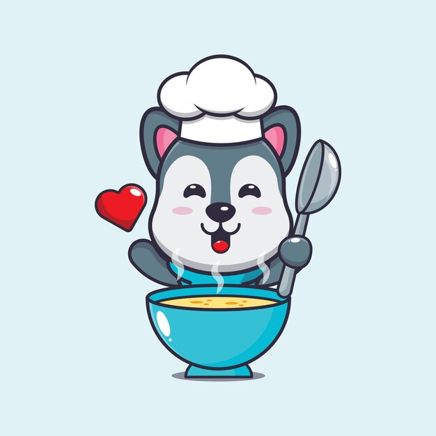 lindo personaje de dibujos animados de la mascota del chef lobo con sopa