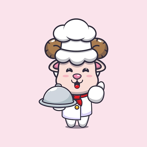 Lindo personaje de dibujos animados de la mascota del chef de ovejas con plato