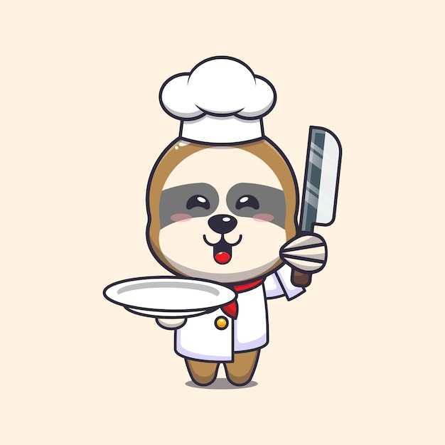 Lindo personaje de dibujos animados de la mascota del chef perezoso con cuchillo y plato