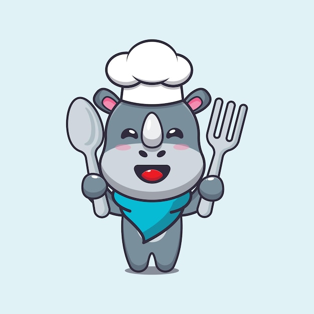 lindo personaje de dibujos animados de la mascota del chef rinoceronte con cuchara y tenedor