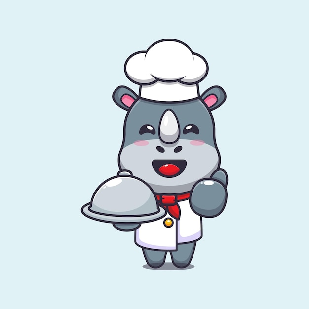 lindo personaje de dibujos animados de mascota de chef de rinoceronte con plato