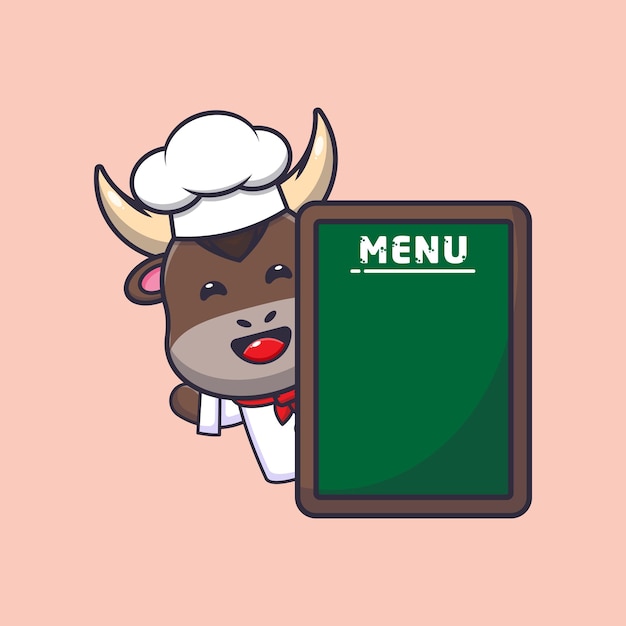lindo personaje de dibujos animados de la mascota del chef toro con tablero de menú