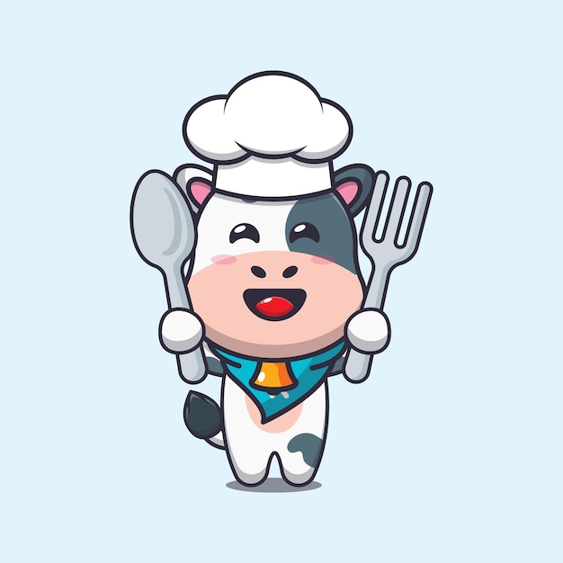 lindo personaje de dibujos animados de la mascota del chef de vaca con cuchara y tenedor