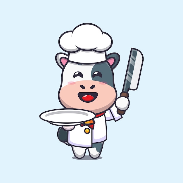 lindo personaje de dibujos animados de la mascota del chef de vaca con cuchillo y plato