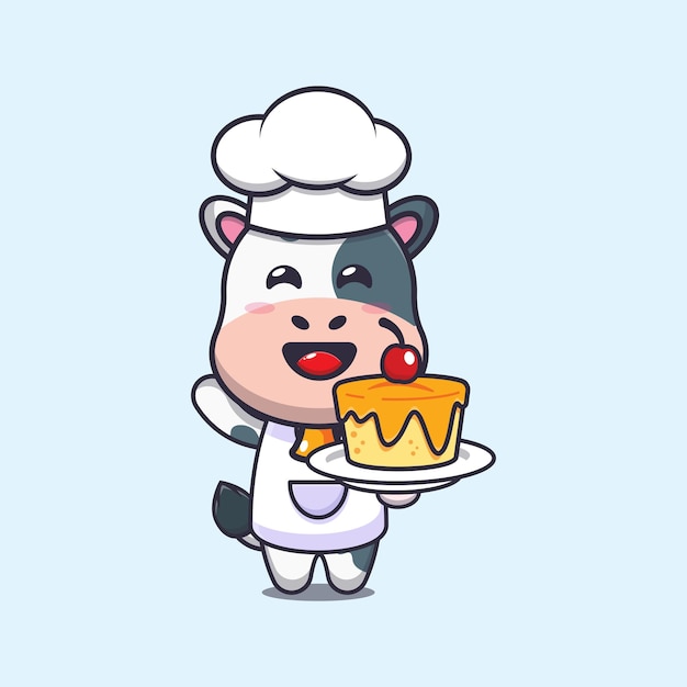 Lindo personaje de dibujos animados de la mascota del chef de vaca con pastel