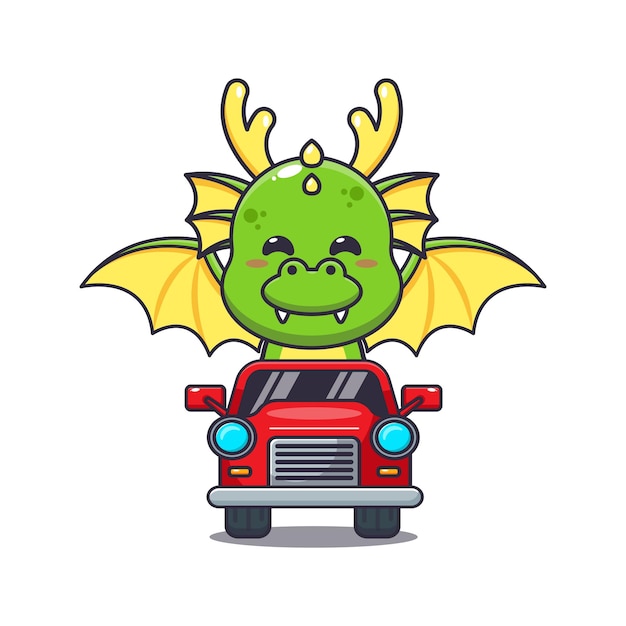 Lindo personaje de dibujos animados de la mascota del dragón paseo en coche.