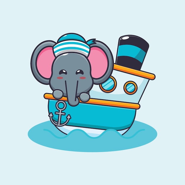 Lindo personaje de dibujos animados de la mascota del elefante en el barco