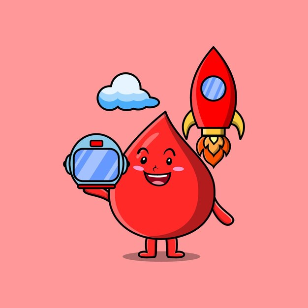 Lindo personaje de dibujos animados mascota Gota de sangre como astronauta con cohete, timón y nube en estilo lindo