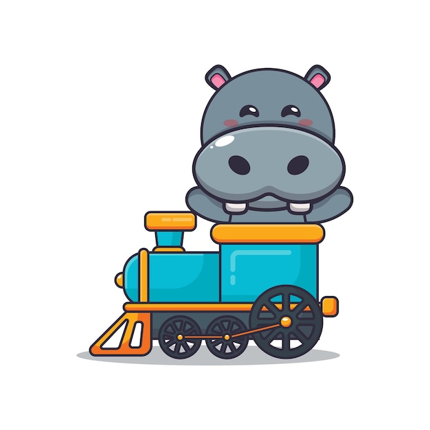 Lindo personaje de dibujos animados de la mascota del hipopótamo paseo en tren