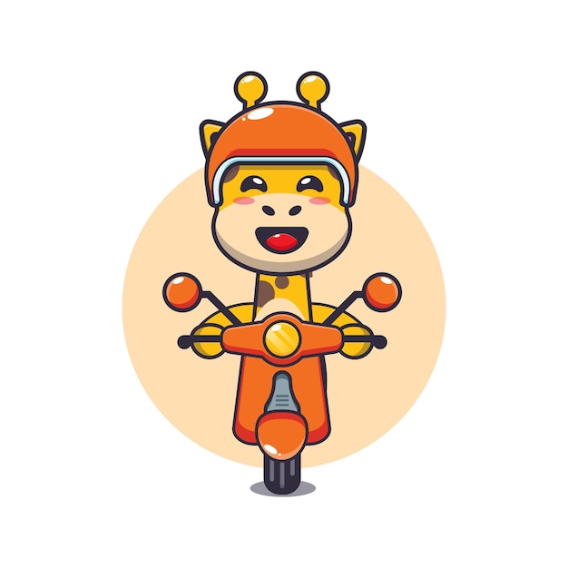 lindo personaje de dibujos animados de la mascota de la jirafa paseo en scooter
