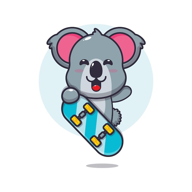 Lindo personaje de dibujos animados de mascota koala con patineta