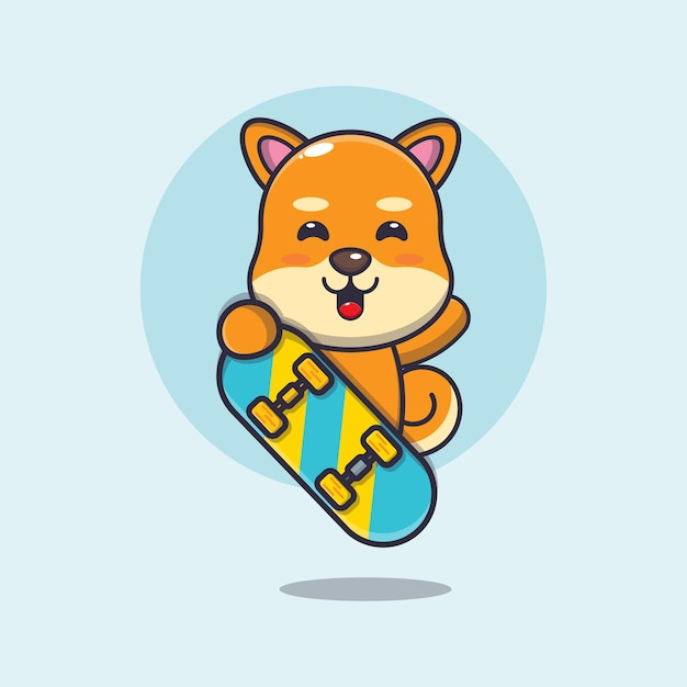 lindo personaje de dibujos animados de la mascota del perro shiba inu con patineta