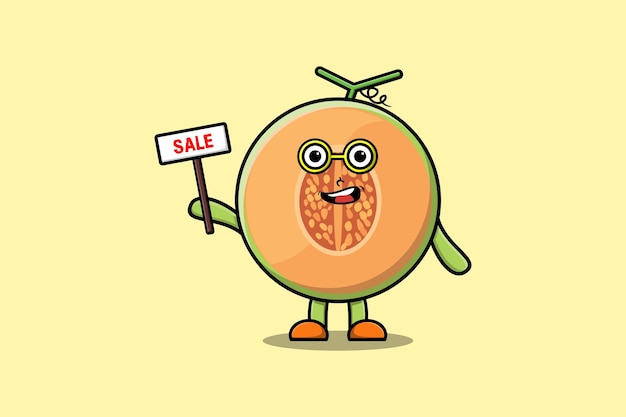 Lindo personaje de dibujos animados de melón con diseños de letreros de venta en concepto de estilo de dibujos animados planos