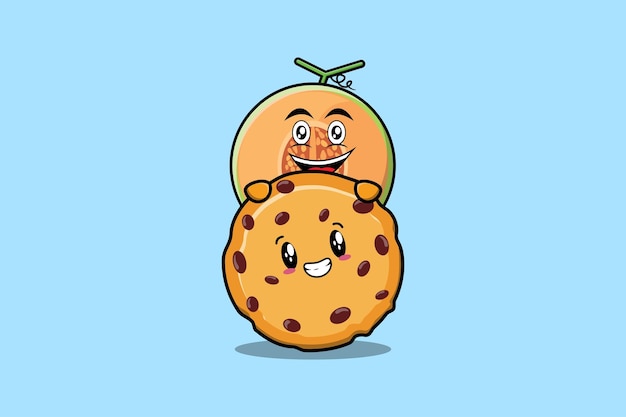 Lindo personaje de dibujos animados de melón escondido en ilustración de galletas en diseño plano moderno