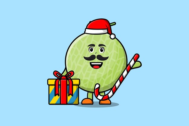 lindo personaje de dibujos animados Melon santa claus está trayendo bastones de caramelo y cajas de navidad