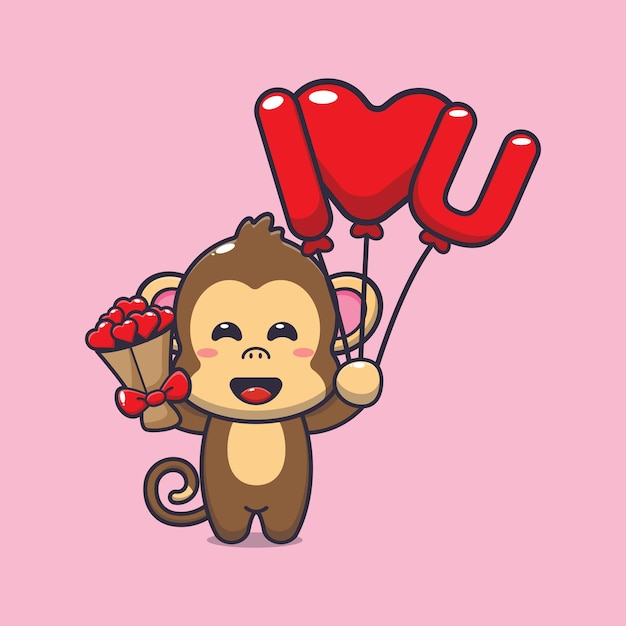 lindo personaje de dibujos animados de mono con globo de amor y flores de amor