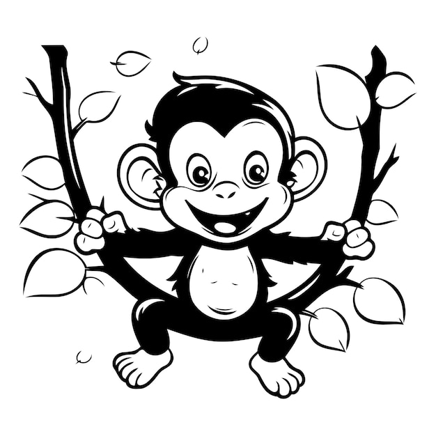 Vector lindo personaje de dibujos animados de mono en una rama de árbol ilustración vectorial