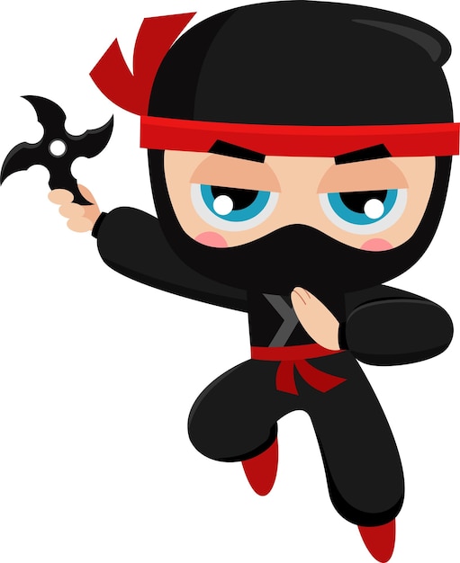 El lindo personaje de dibujos animados Ninja Boy Warrior saltando con Shuriken